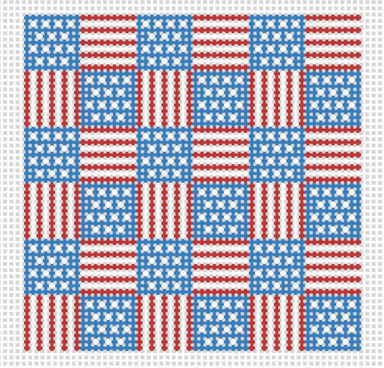 Pattern of small American flags in red, white, and blue on a needlepoint canvas background.