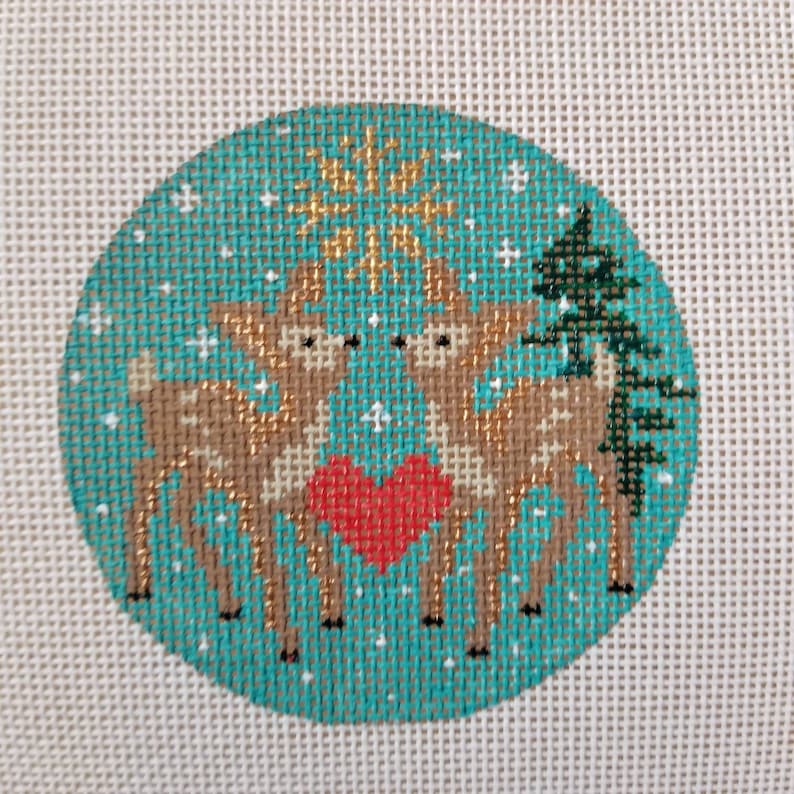 Reindeer Christmas Star Round Needlepoint Canvas