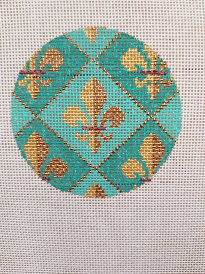 Hand Painted Needlepoint Canvas round ornament Fluer De Lis