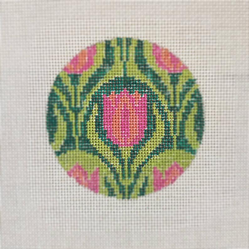 Hand Painted Needlepoint Canvas round ornament 1 Art Nouveau