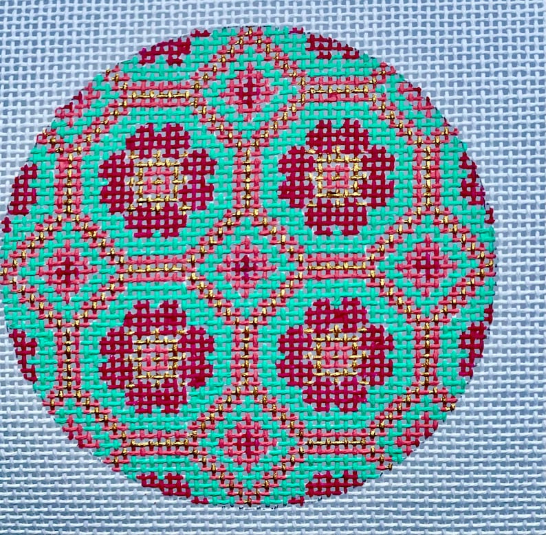 Hand Painted Needlepoint Canvas 3" round ornament 18 mesh