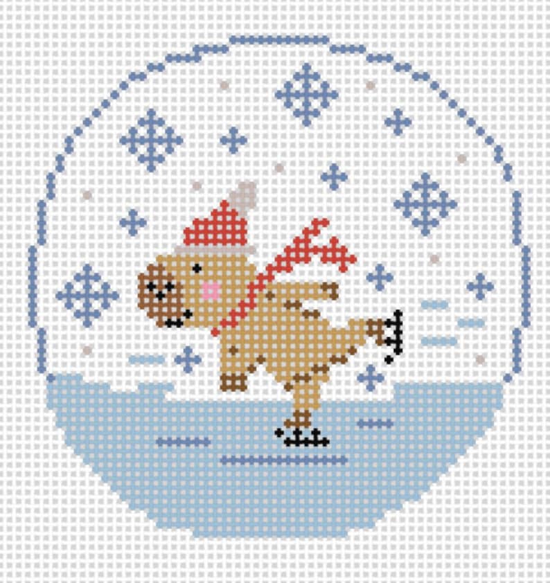 Hand Painted Needlepoint Canvas round ornament Capybara Skating