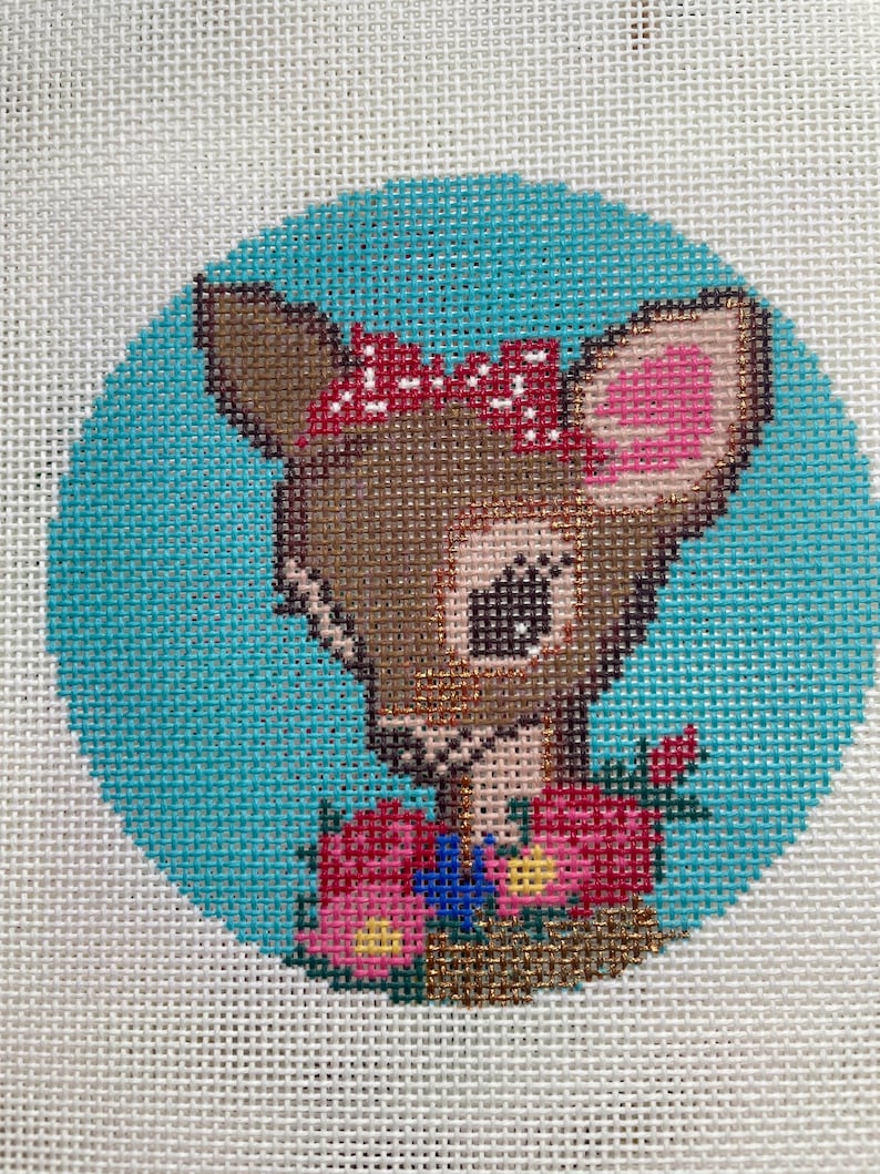 Hand Painted Needlepoint Canvas 4" round Vintage Girl Reindeer Christmas 18 mesh