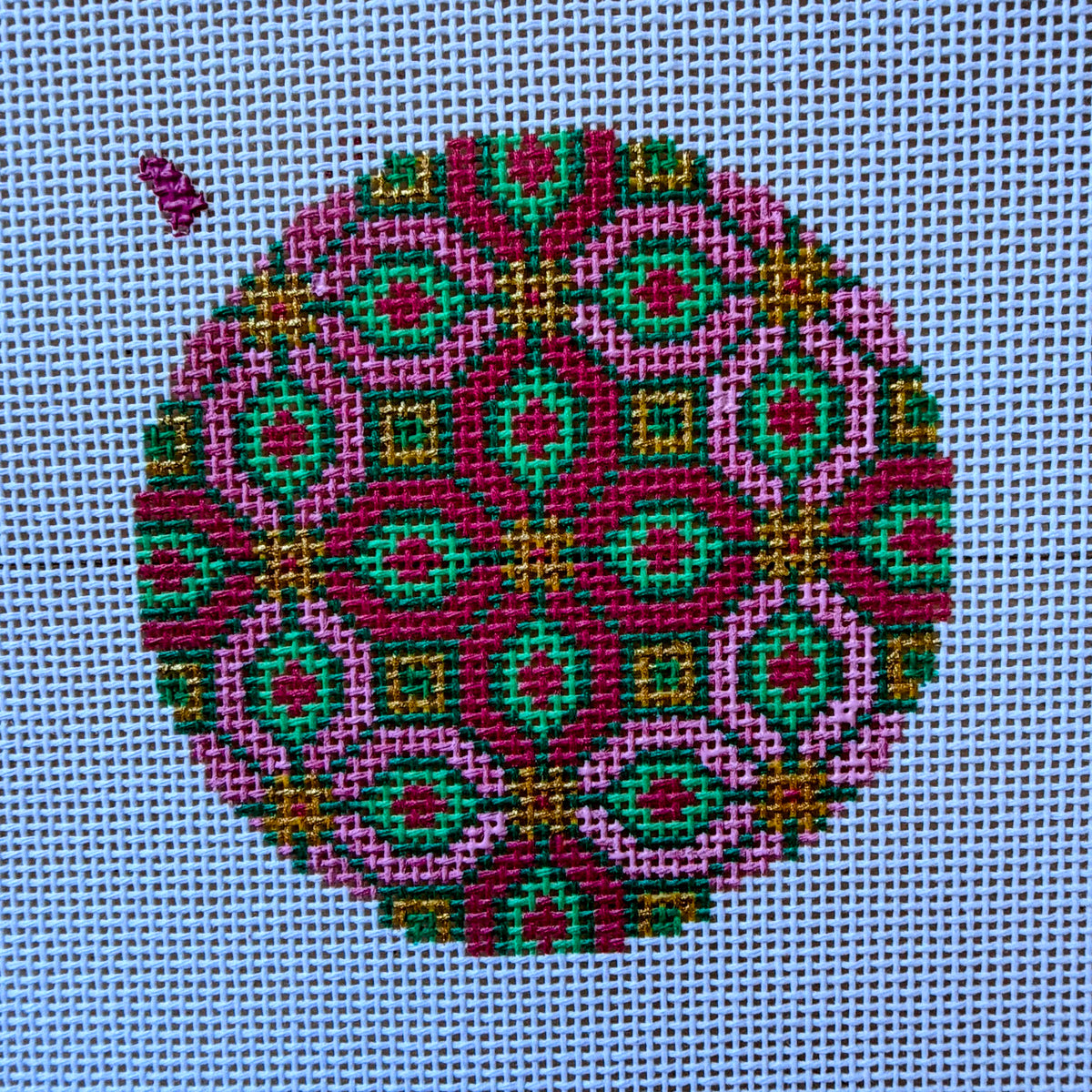 Classic Geometric Needlepoint Canvas - Round Ornament Studio Second Pink and Green Tile