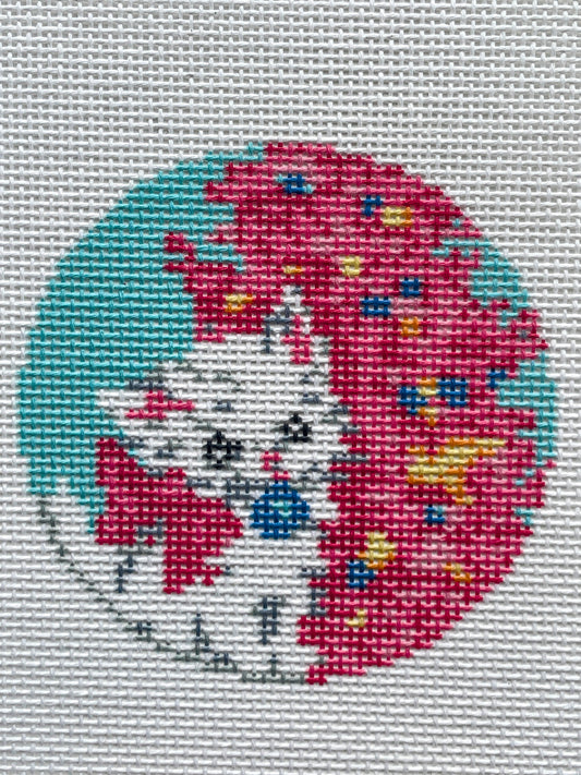 Pink Christmas Tree Kitty Needlepoint Round Canvas
