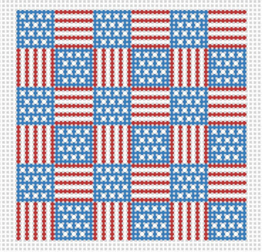 Pattern of small American flags in red, white, and blue on a needlepoint canvas background.