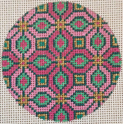 Classic Geometric Needlepoint Canvas - Round Ornament Studio Second Pink and Green Tile